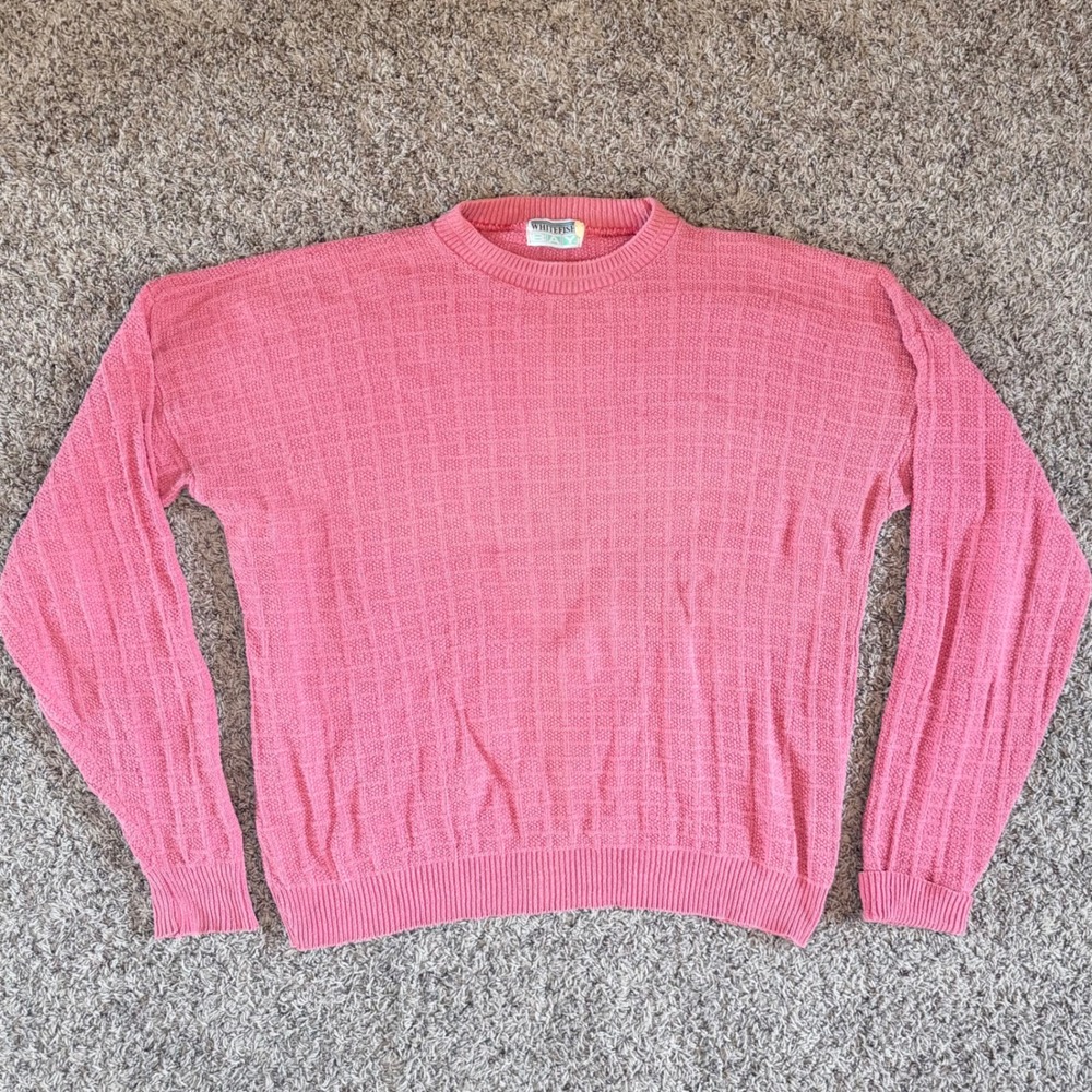 Vintage Whitefish Bay Pink Cotton Grid Knit Crewneck Sweater Mens XL Made in USA